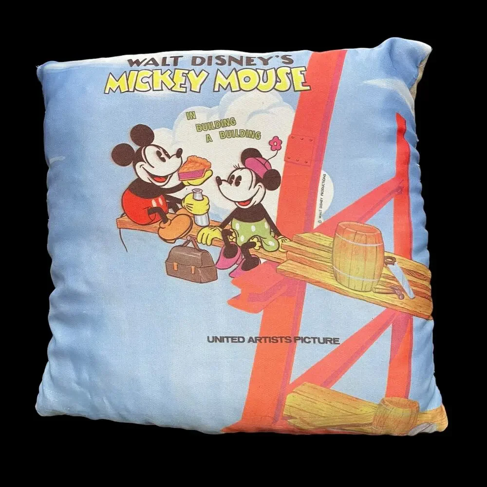 Vintage 1960s Disney Mickey Mouse Pillow Building A Building Throw RARE READ